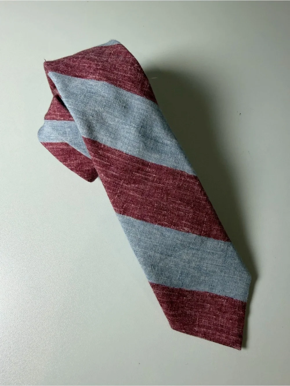 J. Crew Hand Made 100% Linen Slim Diagonal Stripe Tie in Burgundy and Light Blue